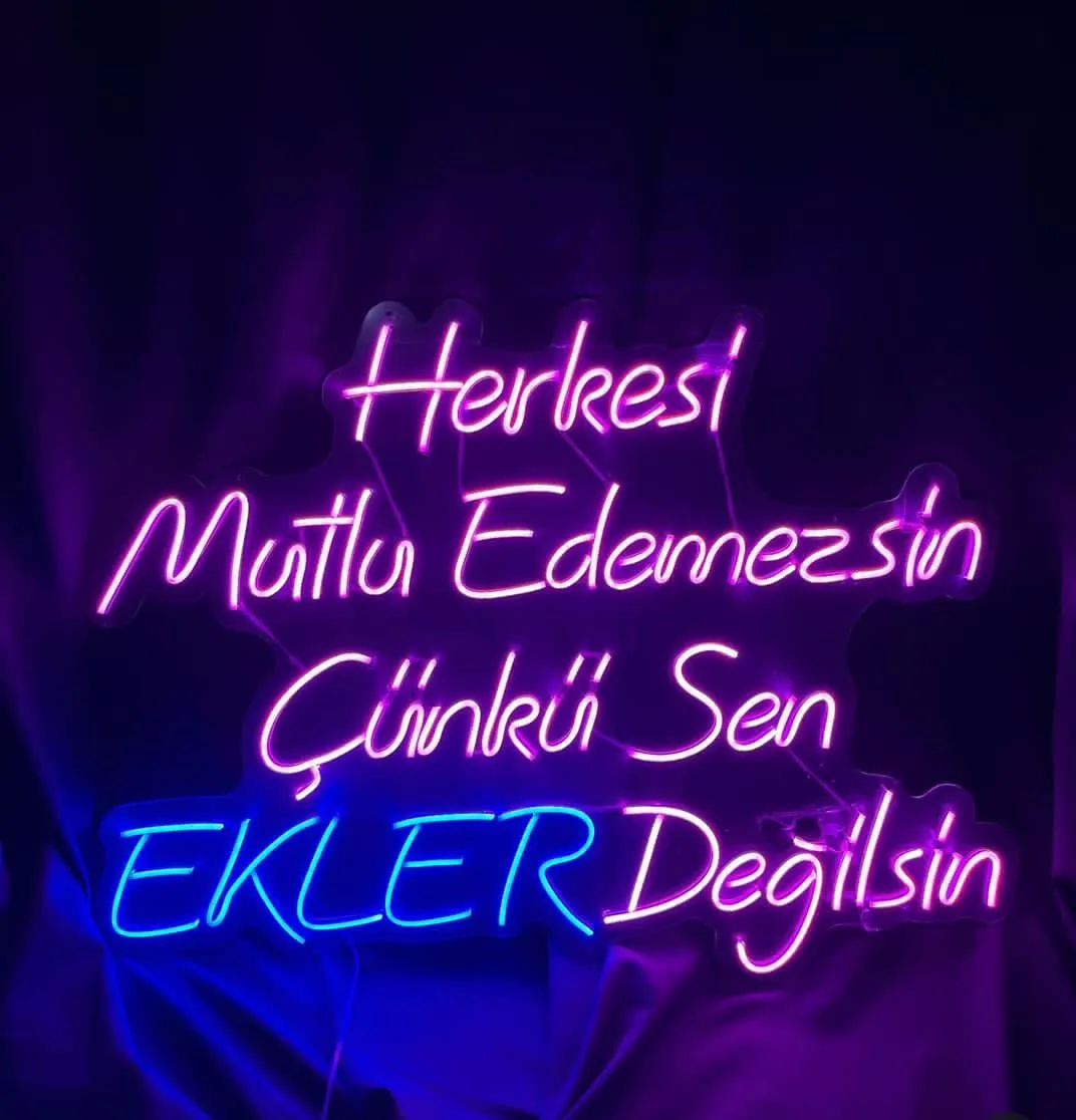 Pembe ve mavi 'Herkesi Mutlu Edemezsin Çünkü Sen EKLER Değilsin' neonu