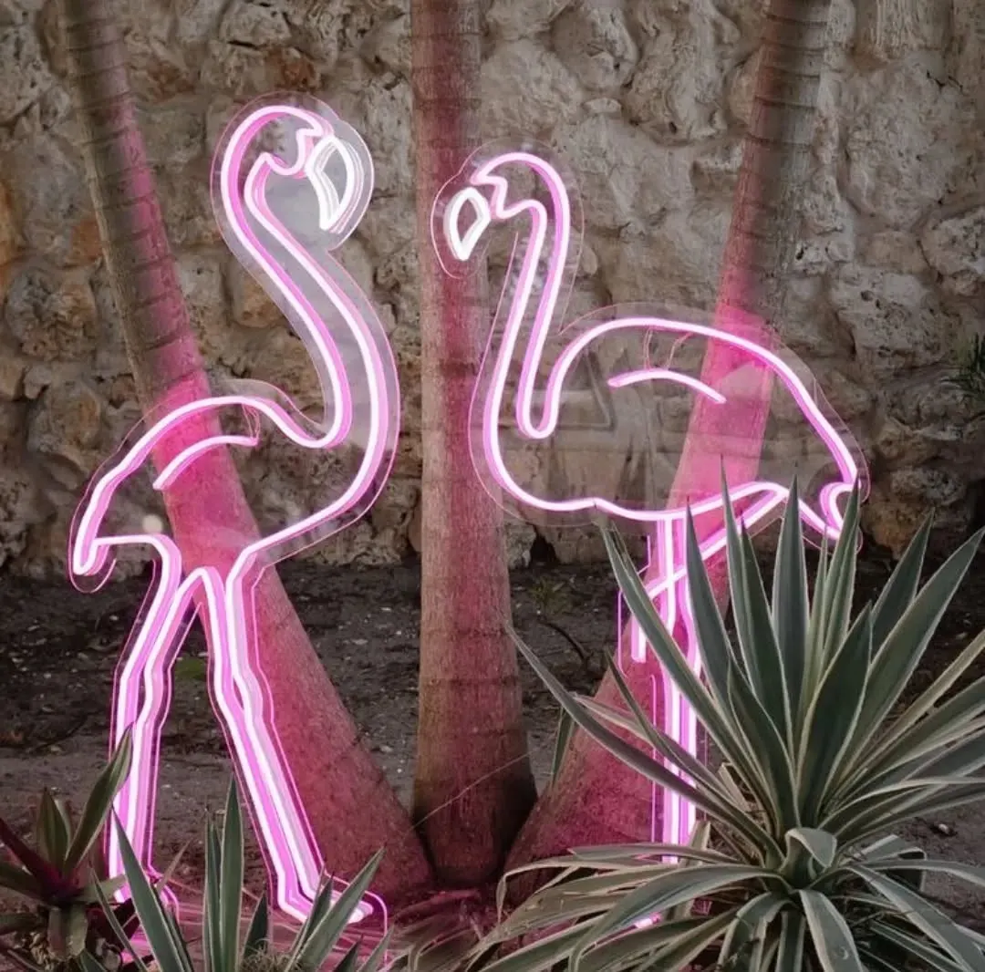 Bahçede taş duvar önünde iki pembe flamingo neonu